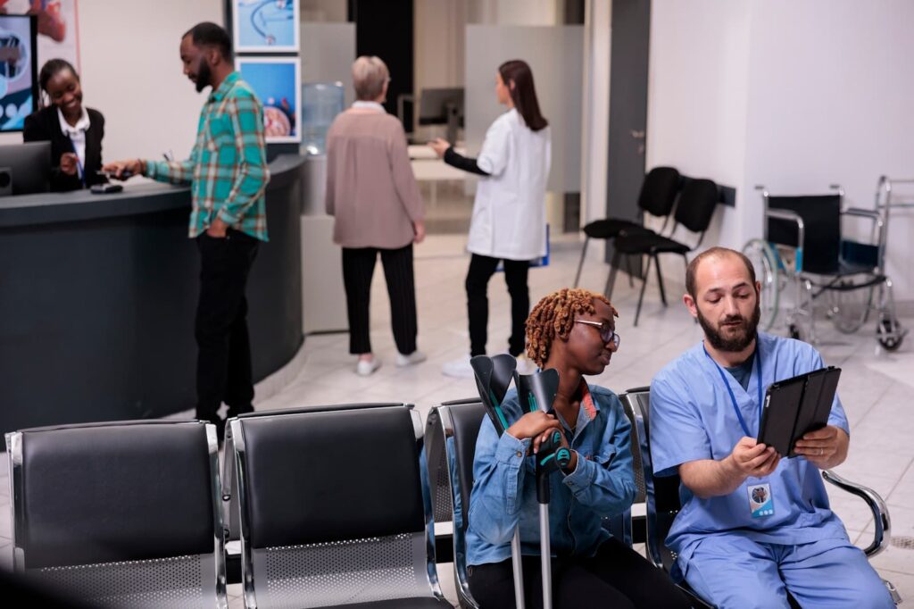 Multicultural Access Icon: Multicultural bilingual healthcare access 2 diverse patients receiving inclusive and language-accessible care