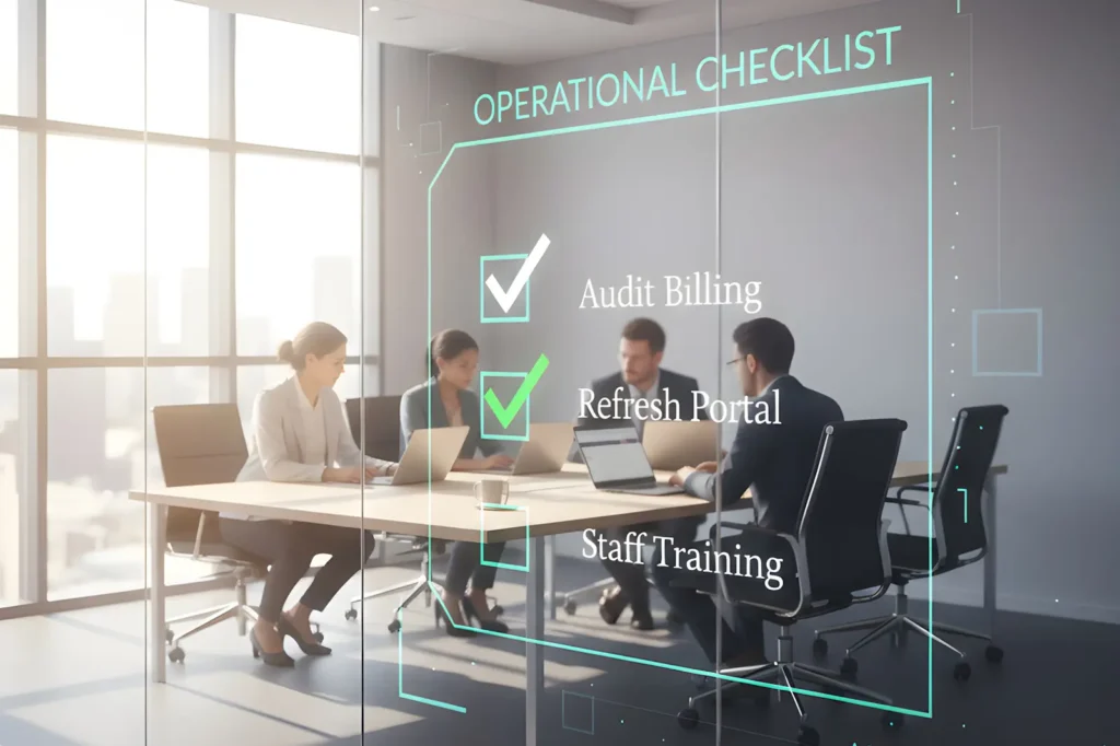 Healthcare administrative spring cleaning audit checklist on office glass