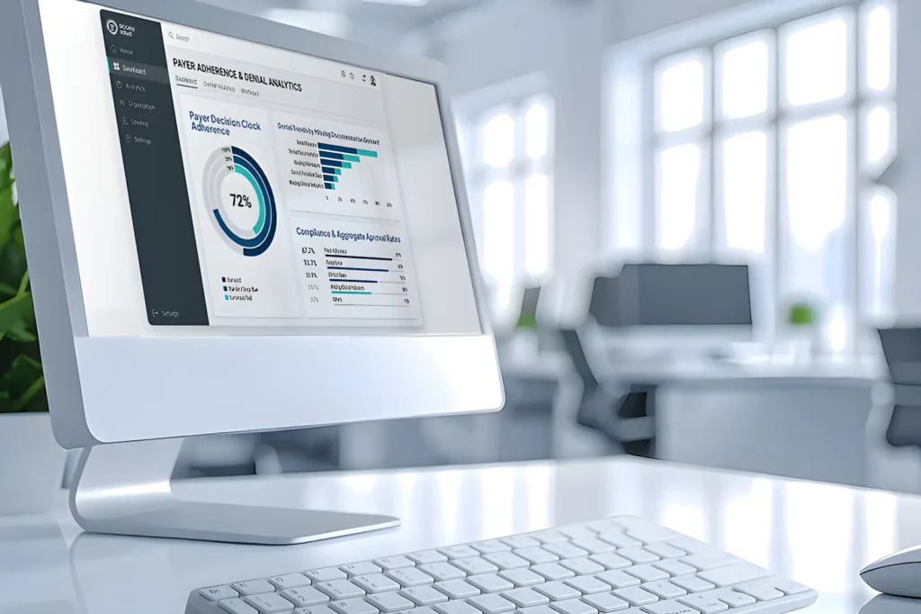 Concept UI design showing metrics for authorization tracking, denial reasons, and payer performance.