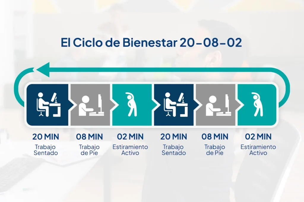 Flowchart representing an optimized corporate timeline for sitting, standing, and moving based on a 45-minute loop.