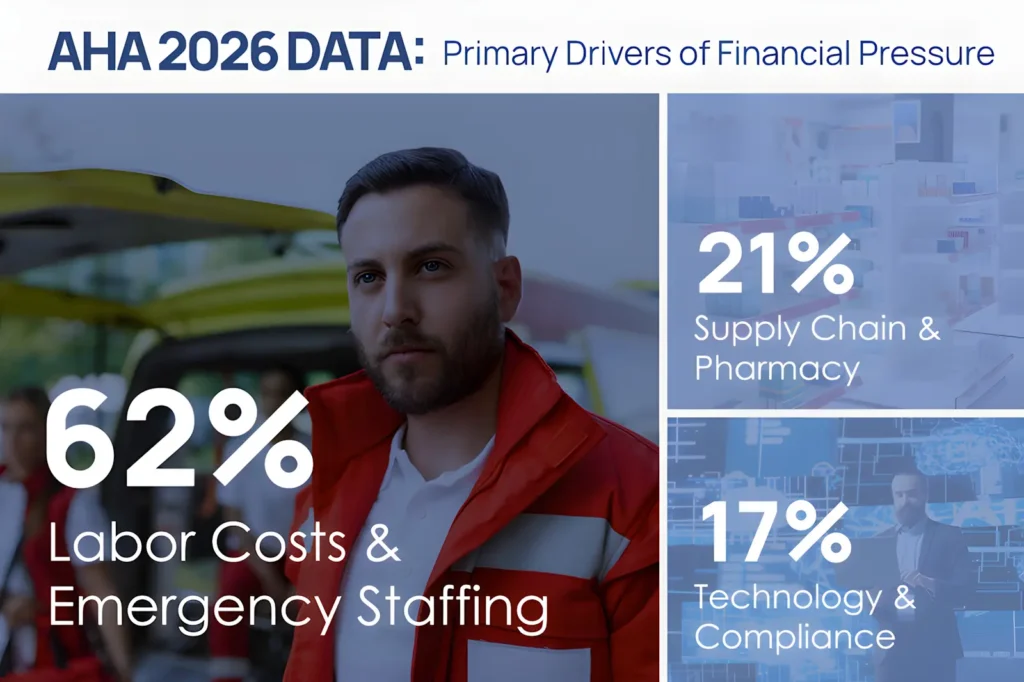 A proportional treemap chart showing labor and recruitment costs as 62% of healthcare expenses compared to supplies and technology.
