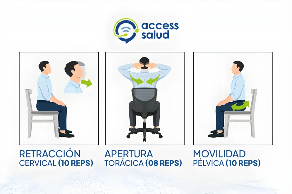 Clean line drawings showcasing three specific stretches to perform from an office chair.