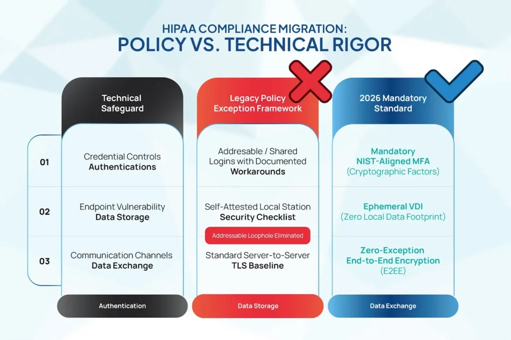 Table mapping the regulatory transition from policy-based compliance to strict technical enforcement.