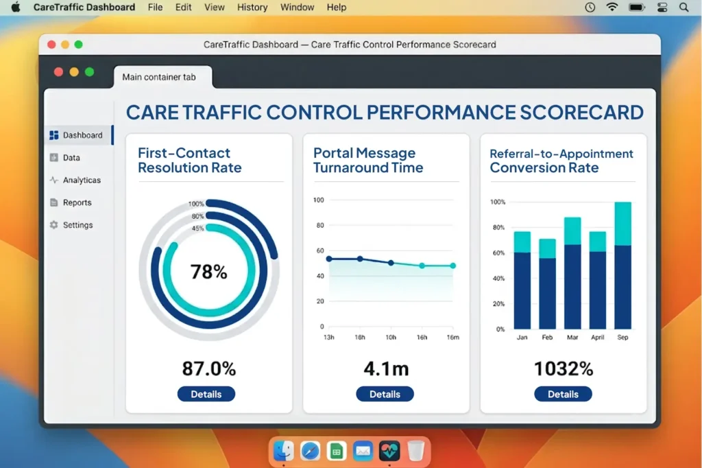Concept interface showcasing key performance metrics for an optimized healthcare contact center.