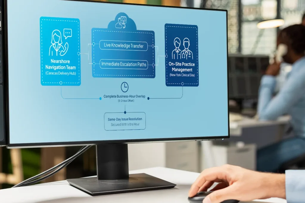 Diagram showing real-time operational integration between a domestic provider and a nearshore administrative support hub.
