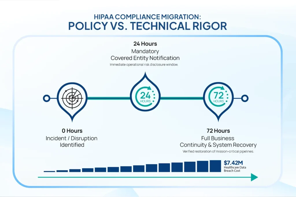Infographic tracking the critical compliance hours and notification milestones during a third-party security event.