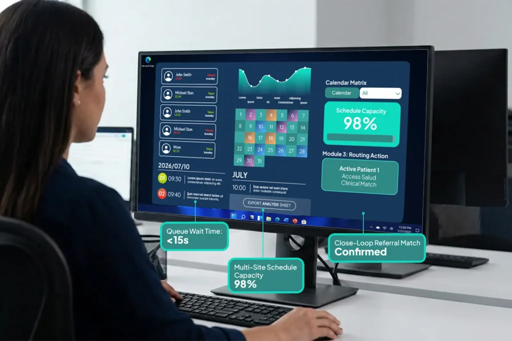 Specialized healthcare intake manager monitoring live schedule capacity and patient inquiries across multiple sites.
