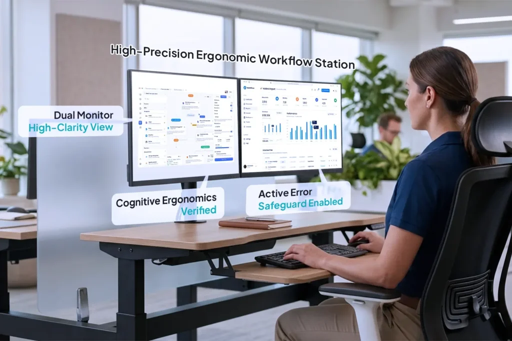 Access-Salud team member operating in an optimized workspace designed to minimize physical and mental fatigue.