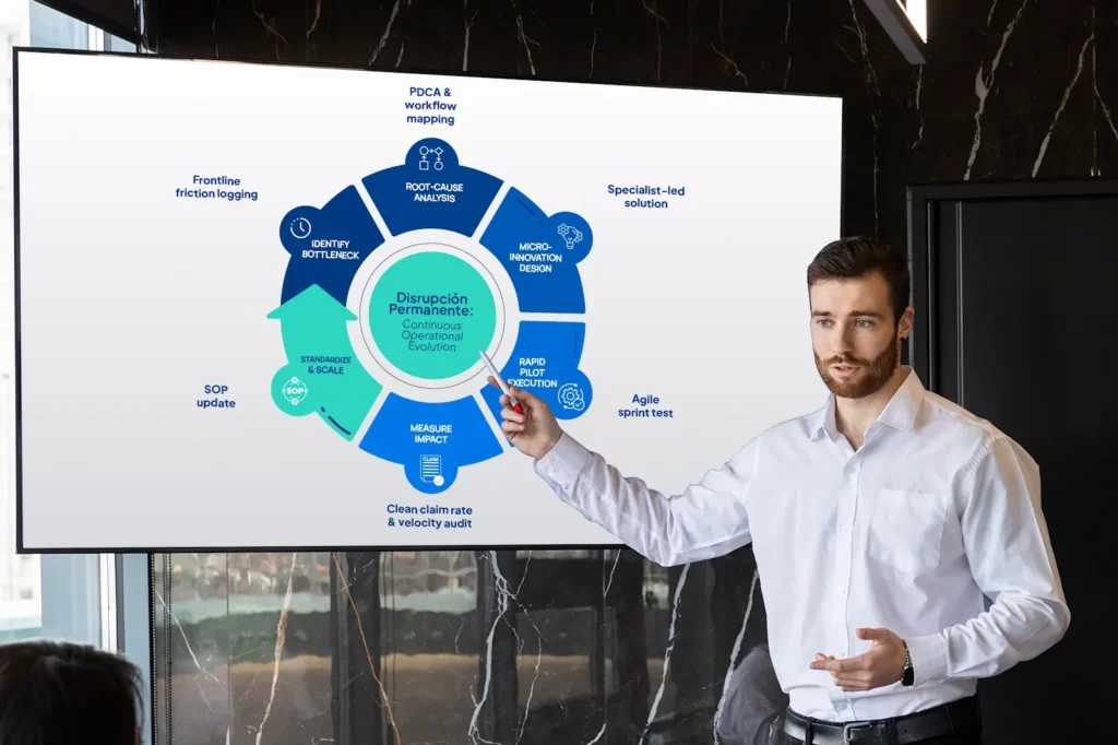 Diagram showing Kaizen continuous improvement steps from employee involvement to ongoing process iteration.