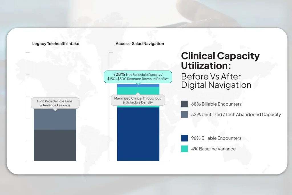 Bar chart comparing telehealth no-show rates and provider calendar utilization with and without tech navigation.