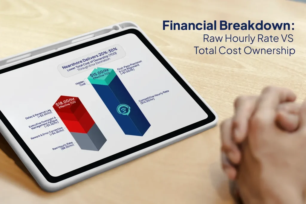 Bar chart detailing hourly costs alongside management overhead and error rework expenses across BPO models.