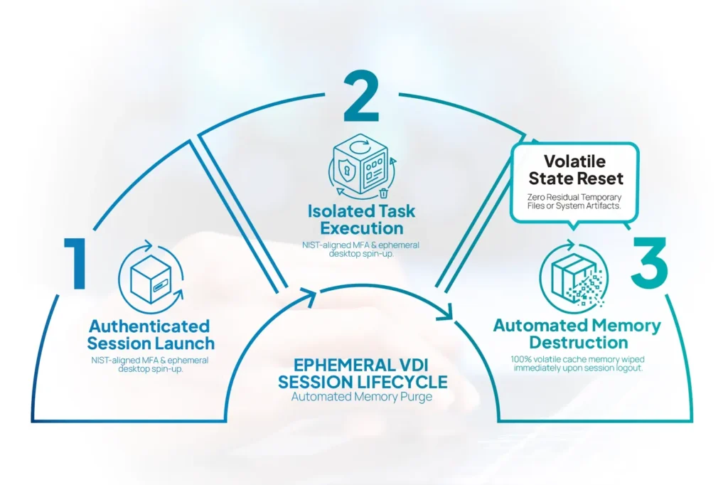 Step-by-step diagram showing how ephemeral virtual desktop sessions generate dynamically and wipe completely upon logout.