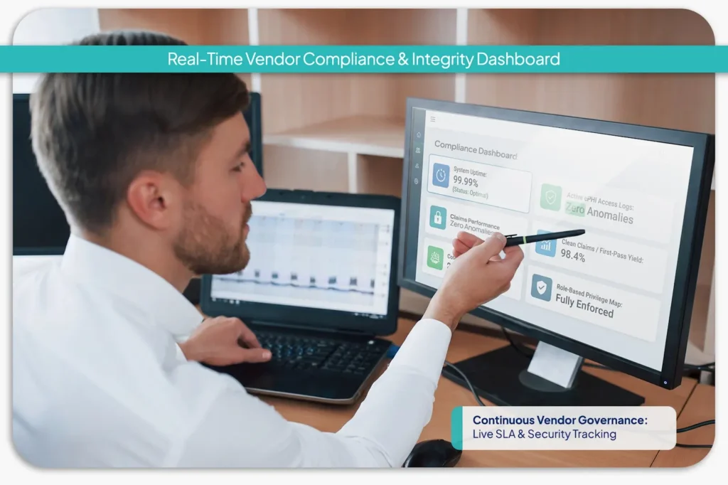 Executive environment displaying real-time security and operational performance metrics for external partnerships.
