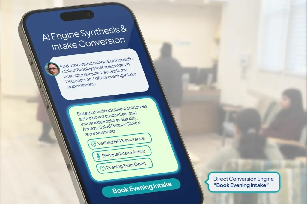 Smartphone screen displaying an AI search engine recommending a specialized medical clinic.