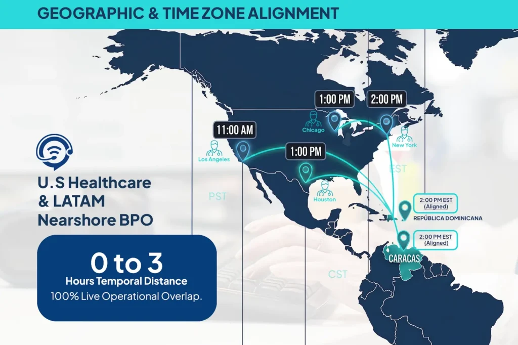 Map visual displaying EST/CST/PST time zone overlap between North and Latin America.