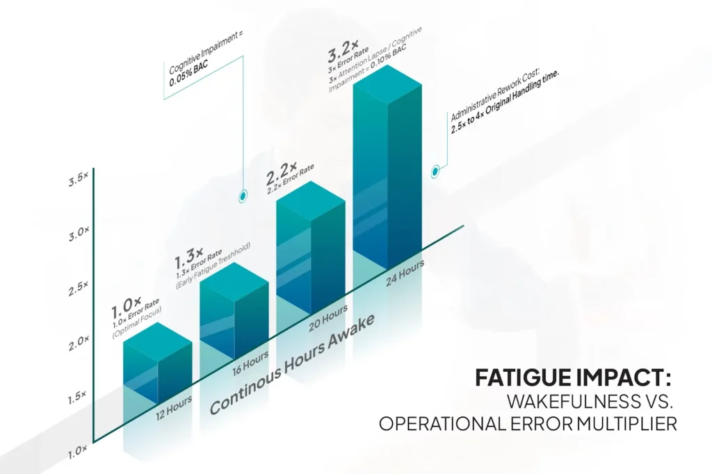 Data visualization displaying the exponential increase in operational error frequency resulting from sleep debt.