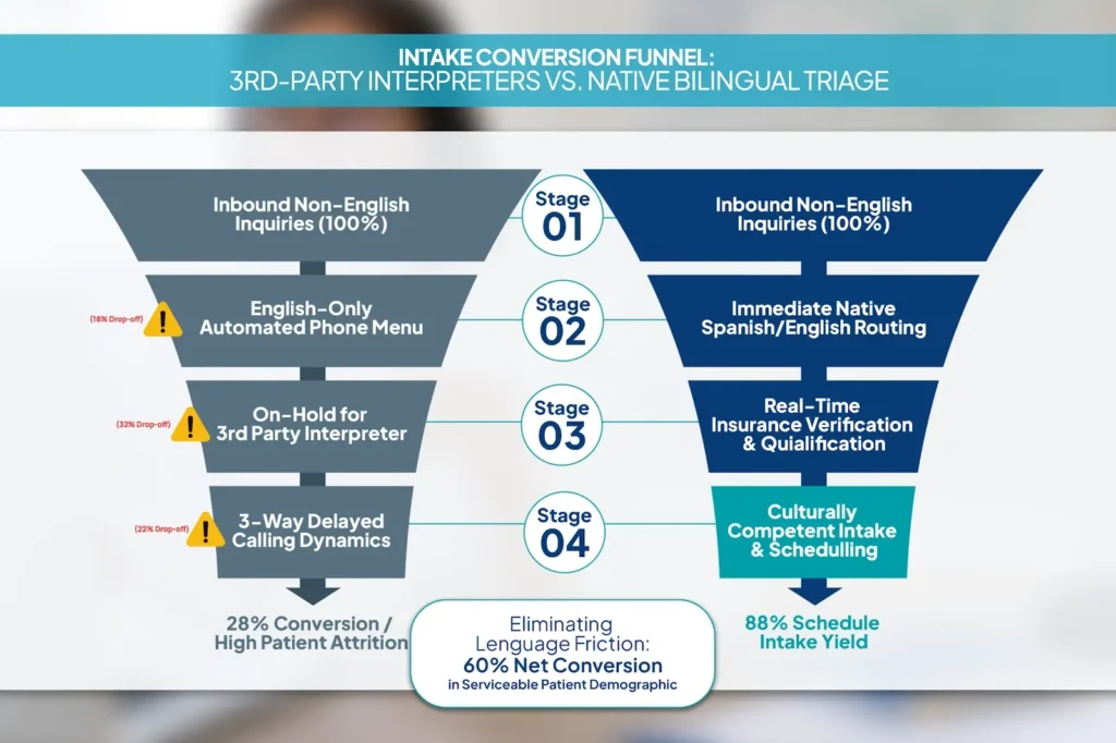 Infographic comparing patient retention between delayed translation services and native bilingual intake triage.