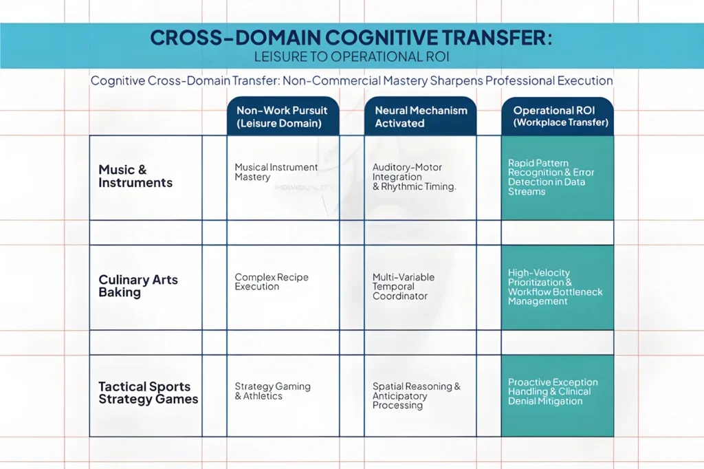 Chart linking leisure-based learning domains with analytical performance improvements in professional settings.