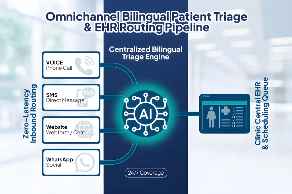 Flowchart showing multi-channel inbound patient communications routed through bilingual specialists into scheduling software.