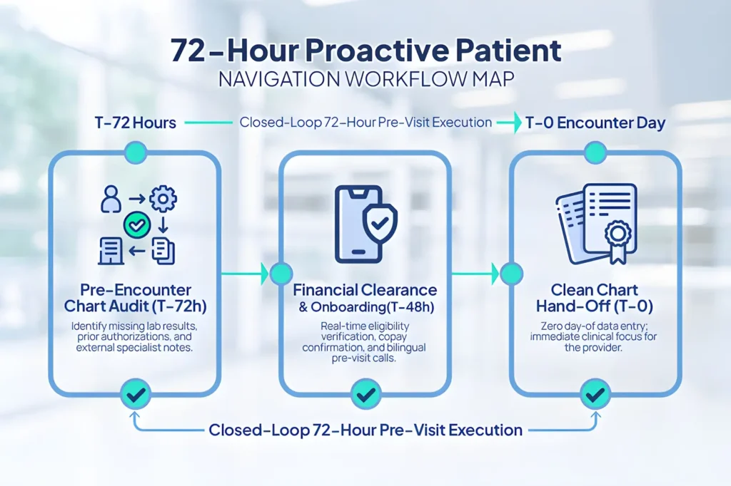 Detailed flowchart showing 72-hour pre-visit data gathering, insurance verification, and chart completion.