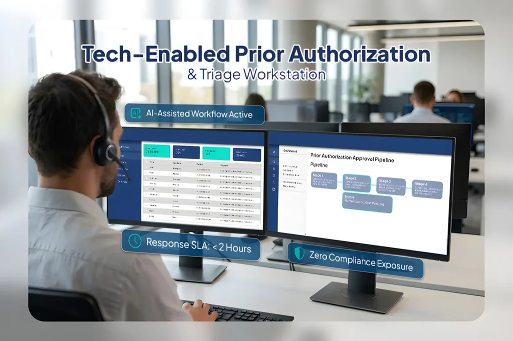 Healthcare administrative specialist using AI-powered tools to process prior authorizations and medical records.