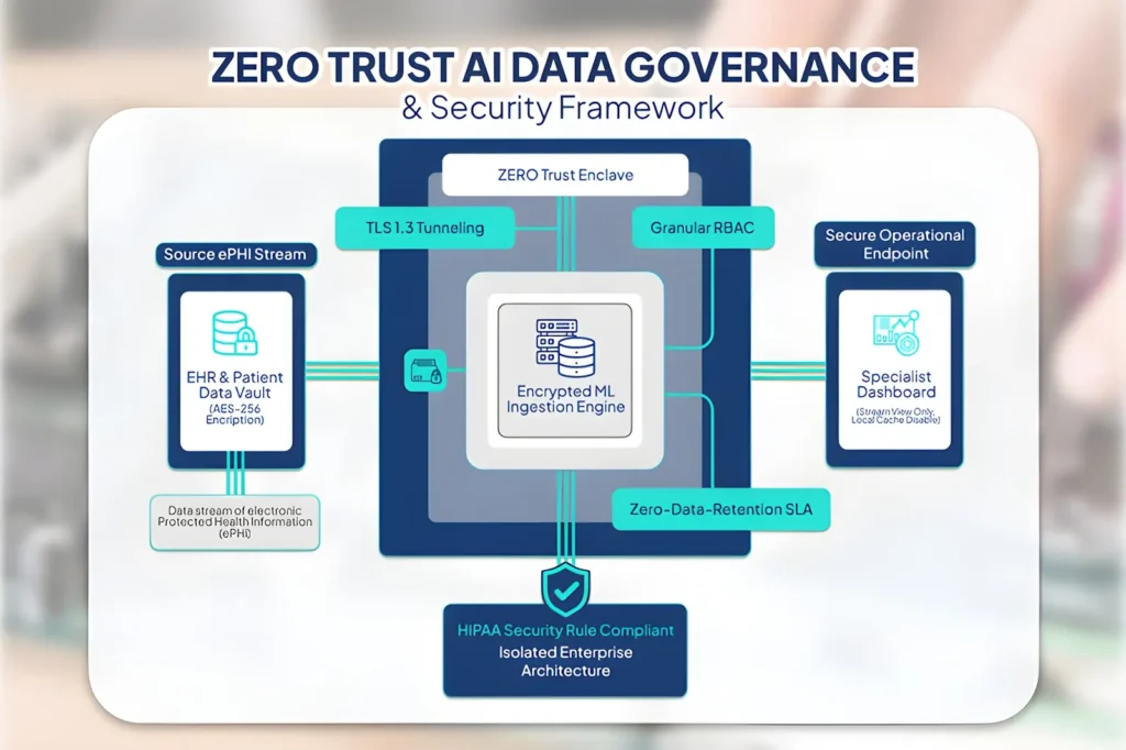 Security diagram illustrating Zero Trust encryption and isolated data pipelines for administrative AI workflows.